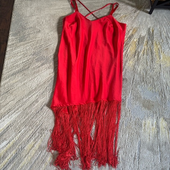 ELOQUII SEXXXY red satin fringe asymmetrical fringe midi slip dress 20 - Picture 2 of 9